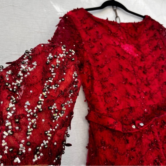 Vintage Beaded Red Gown Maxi Rhinestone Belted Dress 50 Whimsicore - Picture 11 of 14